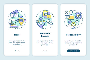 Digital nomad lifestyle onboarding mobile app screen. Distance work walkthrough 3 steps editable graphic instructions with linear concepts. UI, UX, GUI template. Myriad Pro-Bold, Regular fonts used