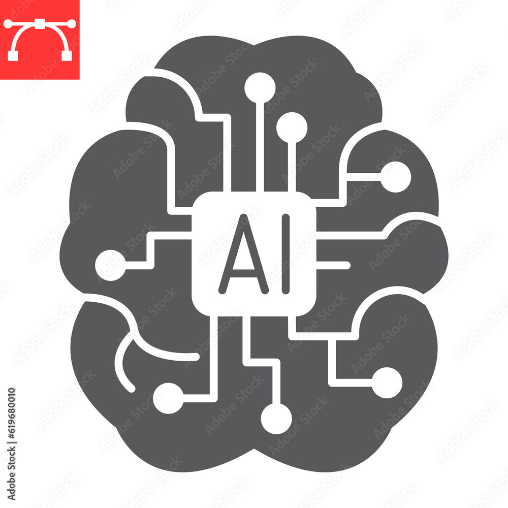 Poster ai brain glyph icon, technology and artificial intelligence, human brain with microchip vector icon,