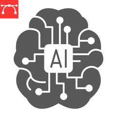 AI brain glyph icon, technology and artificial intelligence, human brain with microchip vector icon, vector graphics, editable stroke solid sign, eps 10.