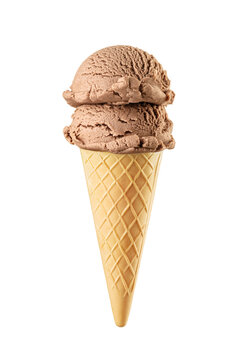 Two chocolate brown ice cream scoops served on a waffle cone isolated. Transparent PNG image.