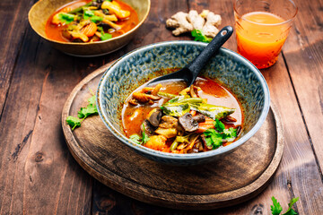 Thai red vegetarian curry with mushrooms and vegetables