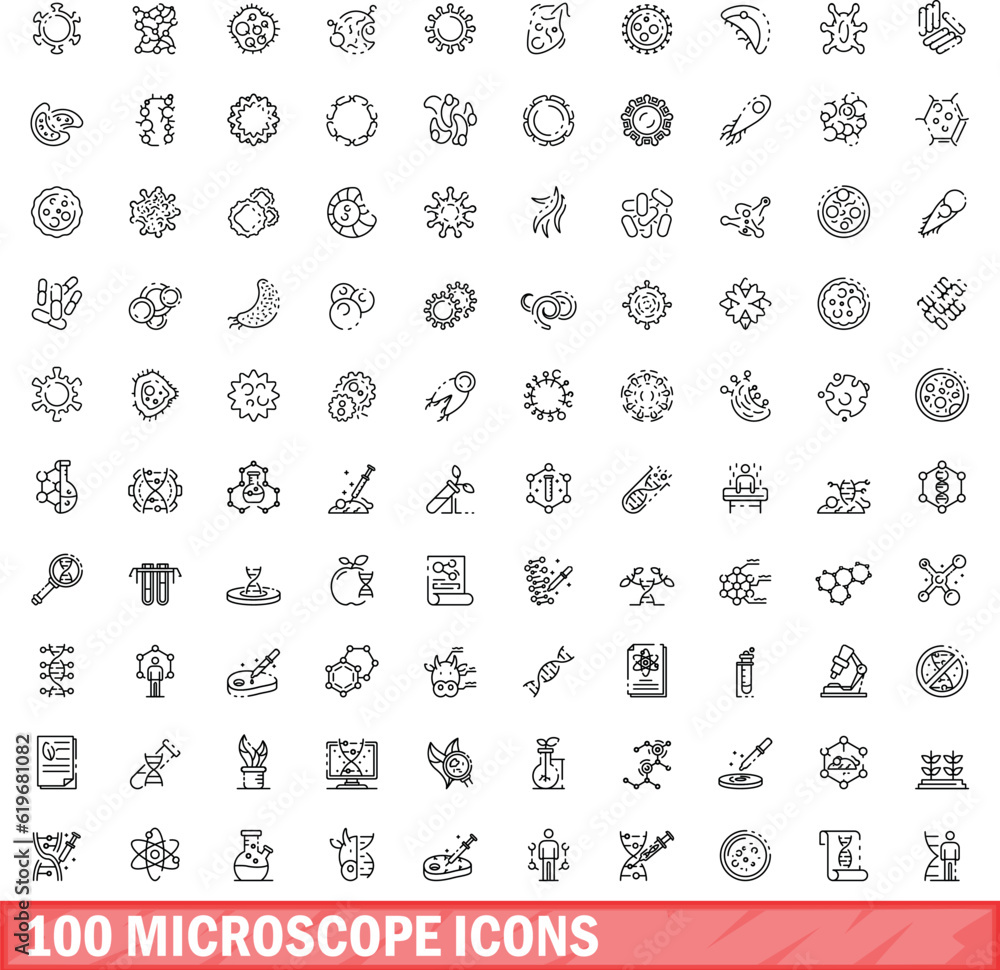 Poster 100 microscope icons set. outline illustration of 100 microscope icons vector set isolated on white 