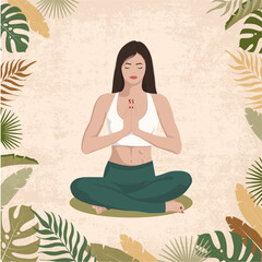Young girl, woman, doing yoga in lotus pose, meditation, vector flat illustration 