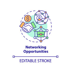 Networking opportunities concept icon. Professional connection. Knowledge sharing. Remote job. Business collaboration abstract idea thin line illustration. Isolated outline drawing. Editable stroke