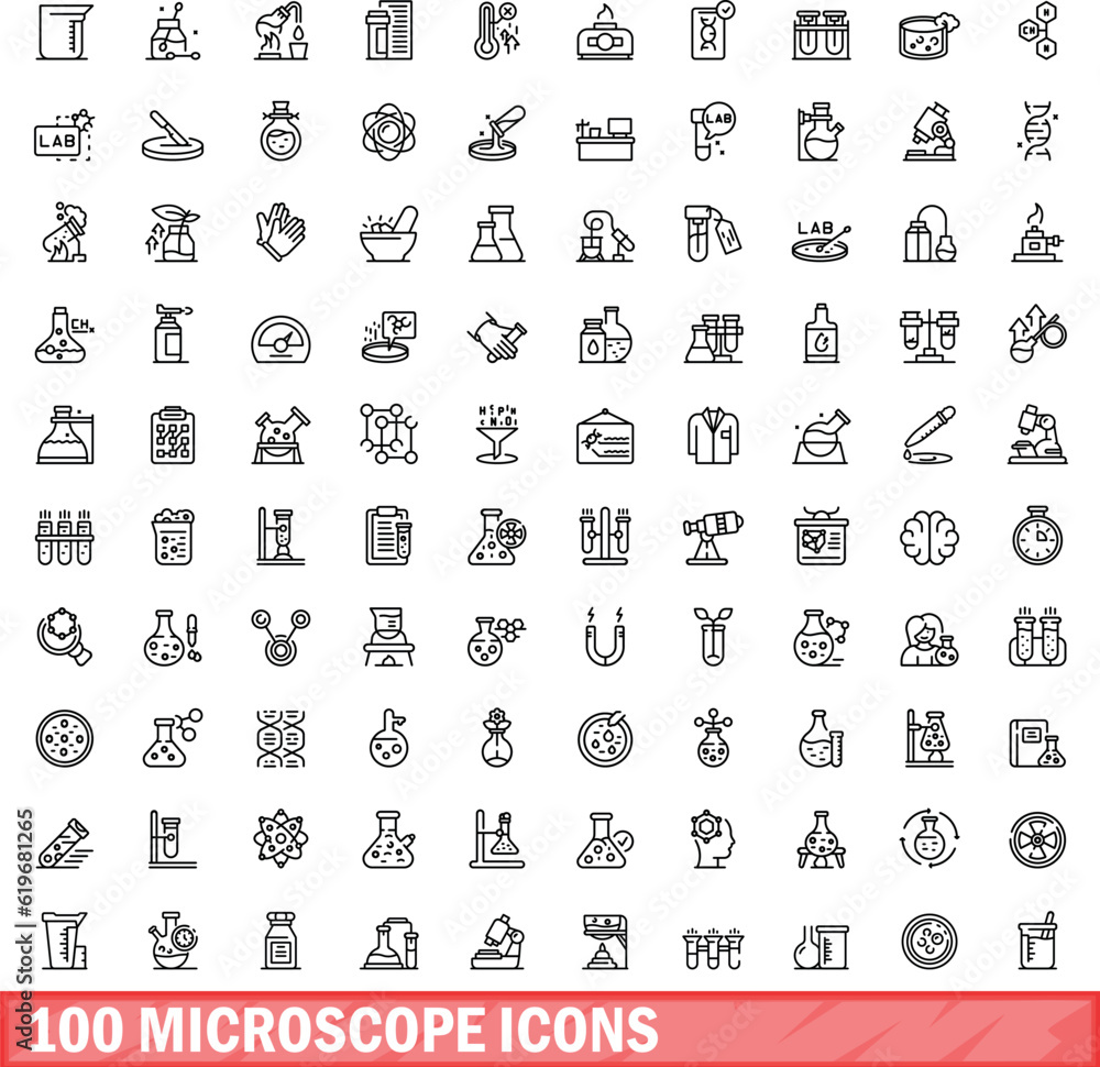 Poster 100 microscope icons set. outline illustration of 100 microscope icons vector set isolated on white 