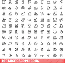 100 microscope icons set. Outline illustration of 100 microscope icons vector set isolated on white background