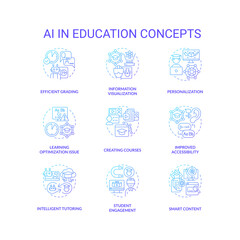 Set of 2D thin line gradient icons representing AI in education concepts, pack of isolated vector illustrations.