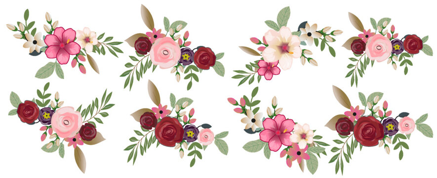 Set of floral branch. Flower red, burgundy, purple rose, green leaves. Wedding concept with flowers. Floral poster, invite. Vector arrangements for greeting card or invitation design