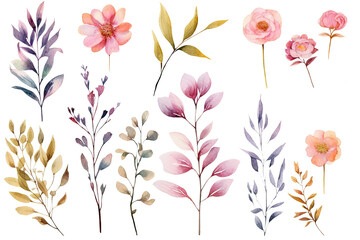 Fototapeta na wymiar Watercolor of Tropical spring floral green leaves and flowers elements isolated on transparent png background, bouquets greeting or wedding card decoration, with Generative Ai.