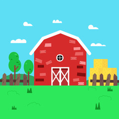 Obraz na płótnie Canvas Farm with haystack and nature landscape.Rural farmland scene.Cartoon red barn with sky background