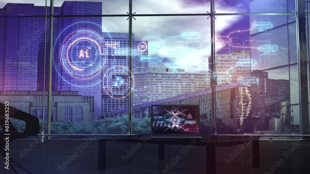 Poster animation on the theme of artificial intelligence on a laptop screen. 3d render
