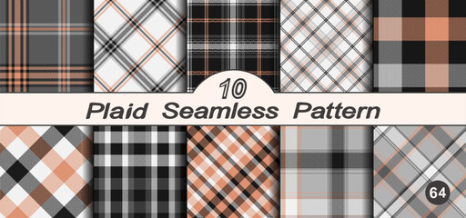 Black, white and orange set vector seamless check plaids pattern. - obrazy, fototapety, plakaty
