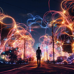 Fototapeta na wymiar A Person Walking Towards a Multitude of Swirling Neon Tendrils Generative AI