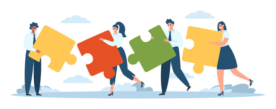 Flat vector illustration. Concept of teamwork, unified purpose. People in sobi office clothes give a big puzzle. . Vector illustration