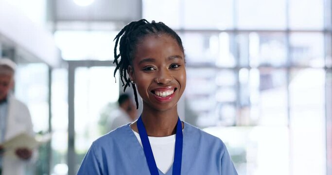Nurse, happy and face of black woman in hospital for medical, wellness and life insurance. Medicine, healthcare and expert with portrait of person in clinic for support, nursing and surgery