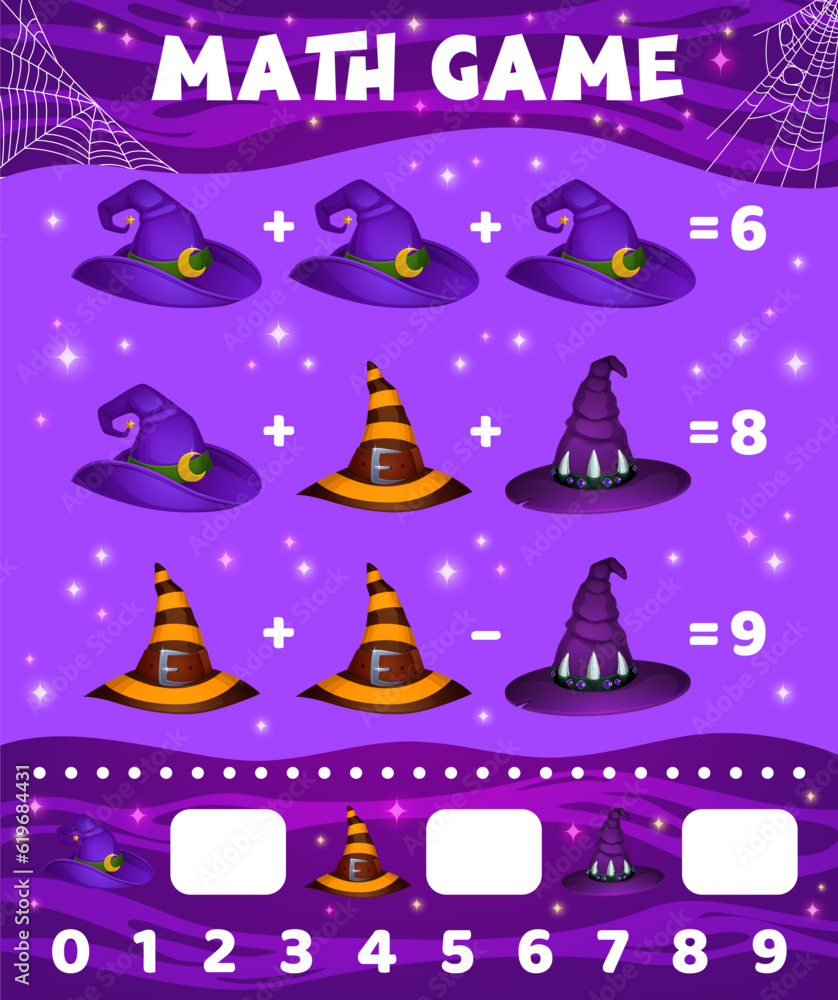 Poster math game worksheet cartoon witch and wizard hats. vector mathematics puzzle task or riddle for chil