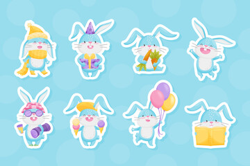 Funny Cartoon Rabbit Engaged in Different Activity Vector Sticker Set