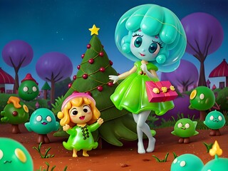 Cute Slime Creatures Christmas, Generative AI Illustration