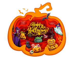 Halloween paper cut pumpkin with cartoon characters. Witch with boom, ghost and black cat personages, Jack o lantern pumpkins, candies and cauldron on paper cut vector background, Halloween 3d sticker