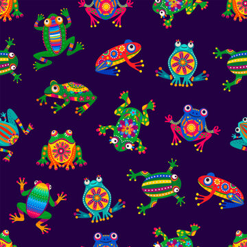 Mexican Frogs Seamless Pattern Background With Cartoon Exotic Animals, Vector Colorful Ornament. Mexican Or Brazilian Latin Pattern With Tropical Funny Cute Frogs In Alebrije Art Or Floral Pattern