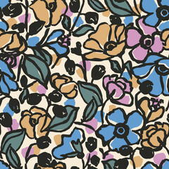 Vector flower with bold line sketch illustration seamless repeat pattern