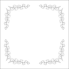 Black and white vegetal ornamental frame with leaves, decorative border, corners for greeting cards, banners, business cards, invitations, menus. Isolated vector illustration.