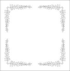 Black and white vegetal ornamental frame with senecio leaves, decorative border, corners for greeting cards, banners, business cards, invitations, menus. Isolated vector illustration.