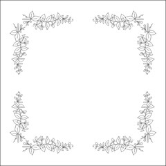 Black and white vegetal ornamental frame with honeysuckle leaves and flowers, decorative border, corners for greeting cards, banners, business cards, invitations, menus. Isolated vector illustration.