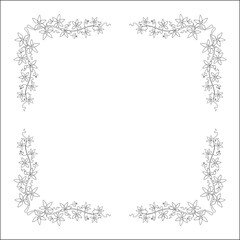 Black and white vegetal ornamental frame with tropical leaves and flowers, decorative border, corners for greeting cards, banners, business cards, invitations, menus. Isolated vector illustration.