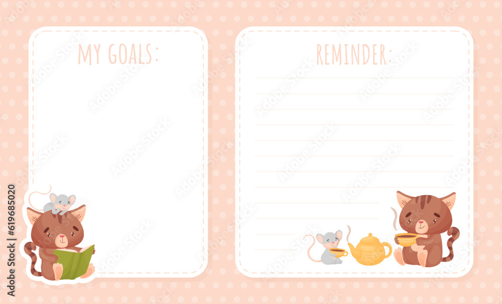 Poster note and reminder card with cute friendly cat and mouse vector template