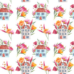 Watercolor seamless pattern with a house in California poppy, cosmea flower, echinacea. Illustration for your design of cards, invitations, backgrounds and other purposes. Isolated clipart.