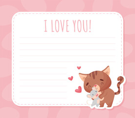 Note and Reminder Card with Cute Friendly Cat and Mouse Vector Template