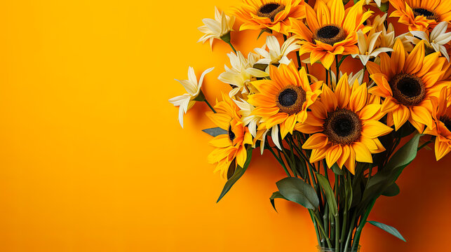 Bouquet of sunflower flowers on yellow background, copy space, idea floral wallpaper, AI generated