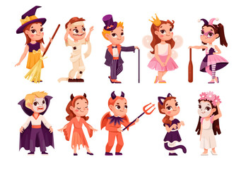 Children in Bright Halloween Costumes Celebrate Holiday Vector Set