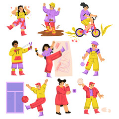 Naughty Children Hooligans Misbehaving Making Mess Vector Set