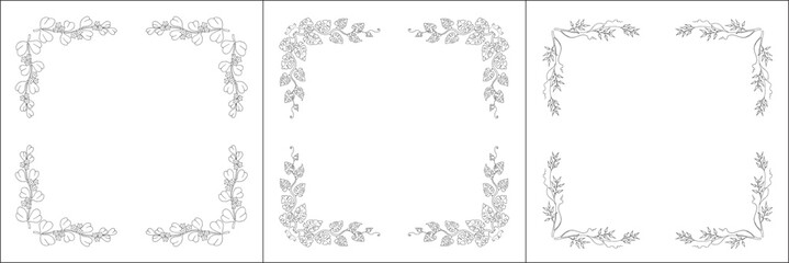 Set of three vector frames with twigs and leaves . Elegant black and white monochrome ornamental corners. Vector frame for all sizes and formats. Isolated vector illustration.