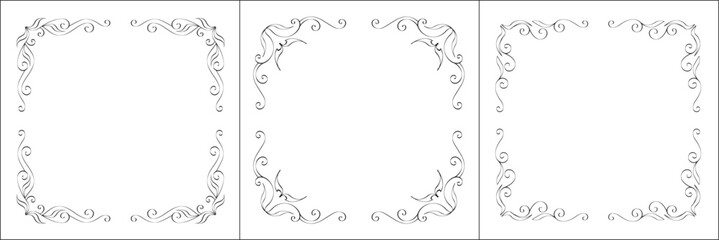 Set of three vector frames. Elegant black and white monochrome ornamental border for greeting cards, banners, invitations. Vector frame for all sizes and formats. Isolated vector illustration.