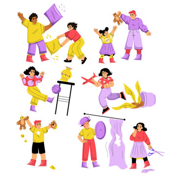 Naughty Children Hooligans Misbehaving Making Mess Vector Set