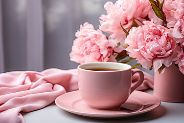 Fototapeta na wymiar pink cup of tea on a table with a bouquet of delicate peonies close-up. Flower card generated by AI