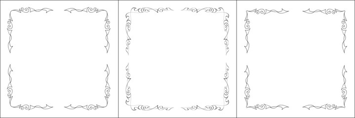 Set of three vector frames. Elegant black and white monochrome ornamental border for greeting cards, banners, invitations. Vector frame for all sizes and formats. Isolated vector illustration.