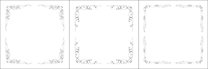 Set of three vector frames. Elegant black and white monochrome ornamental border for greeting cards, banners, invitations. Vector frame for all sizes and formats. Isolated vector illustration.
