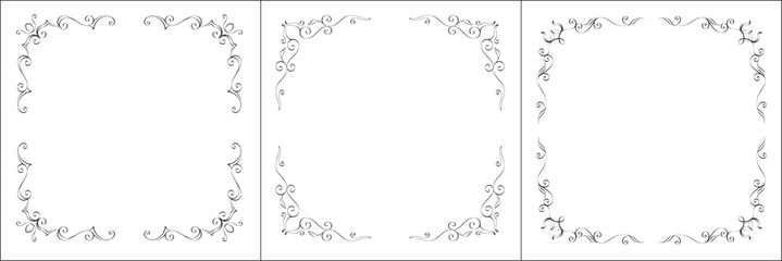 Set of three vector frames. Elegant black and white monochrome ornamental border for greeting cards, banners, invitations. Vector frame for all sizes and formats. Isolated vector illustration.