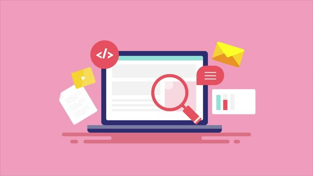 Website seo optimization concept on laptop screen with coding, content creation, web analytics and email marketing. Business SEO digital strategy video animation.