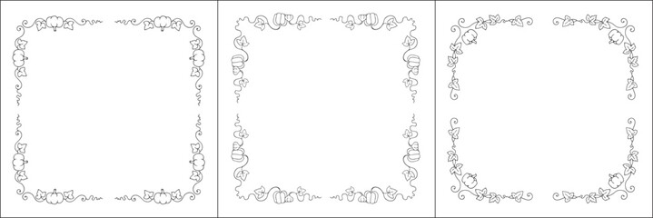 Set of three vector frames with pumpkins. Elegant black and white monochrome ornamental corners. Vector frame for all sizes and formats. Isolated vector illustration.