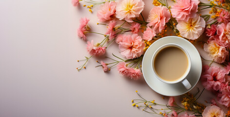 Summer banner or invitation with meadow flowers and cup of coffee on a pink background. AI generated