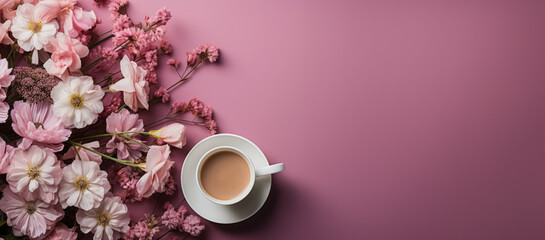 Obraz na płótnie Canvas Summer banner or invitation with meadow flowers and cup of coffee on purple background. AI generated