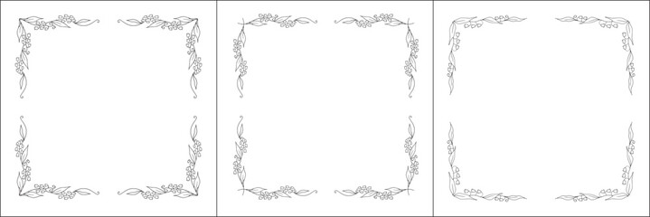 Set of three vector frames with lily of the valley. Elegant black and white monochrome ornamental corners. Vector frame for all sizes and formats. Isolated vector illustration.