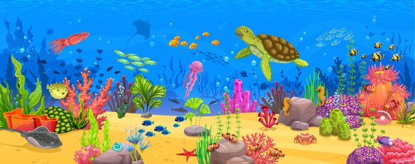 Fototapeta na wymiar Cartoon underwater landscape with turtle and fish shoal, seaweeds, corals and reefs. Underwater aquatic life landscape, coral reef water world background or sea deep wildlife vector scene or wallpaper