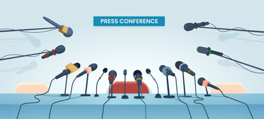Press conference interview table and microphones. Vector public or mass media event for tv and radio journalists, interview, news report, politics debate or presentation. Cartoon press conference room