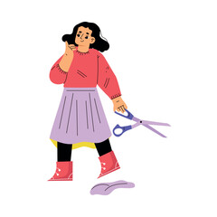 Girl Hooligan with Bad Behavior Cut Something with Scissors Vector Illustration